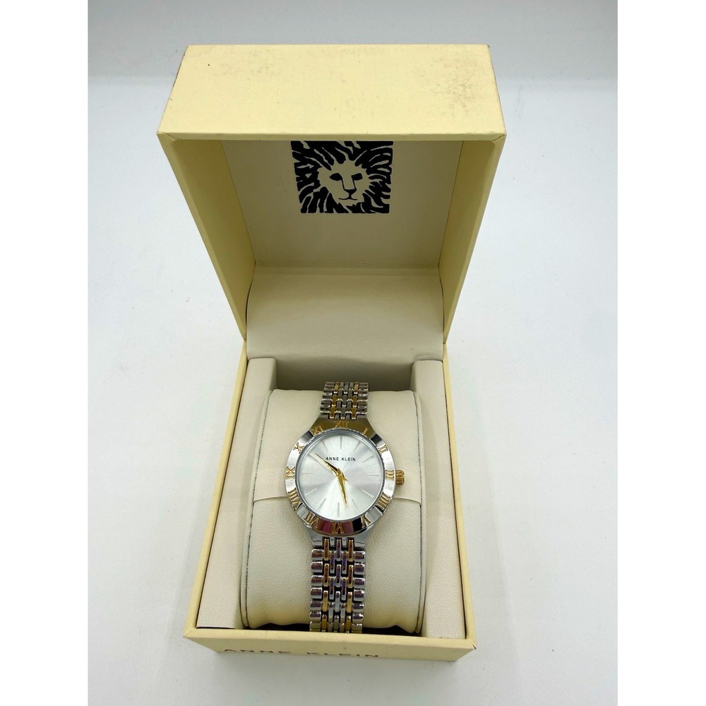 Anne Klein Women's Quartz Two-Tone Bracelet Watch Silver Sunburst Dial Box